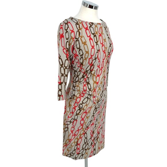 J. McLaughlin Chain Print Dress 3/4 Sleeve Draped Waist Gray Multi Size Medium - Picture 7 of 13